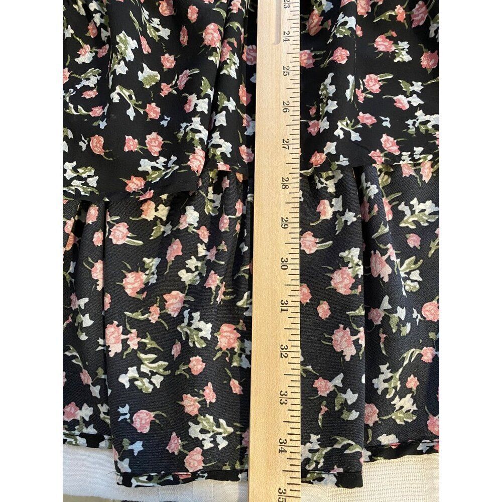 Simple Fun Floral Print Maxi Skirt L High Low Hem Back Elastic Waistb Black/Pink - Picture 7 of 7